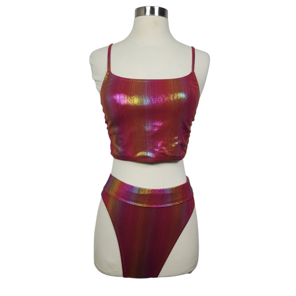 Fashion Nova Bikini Set Red Multicolor Baddie Metallic Rainbow Maximalist Sz M